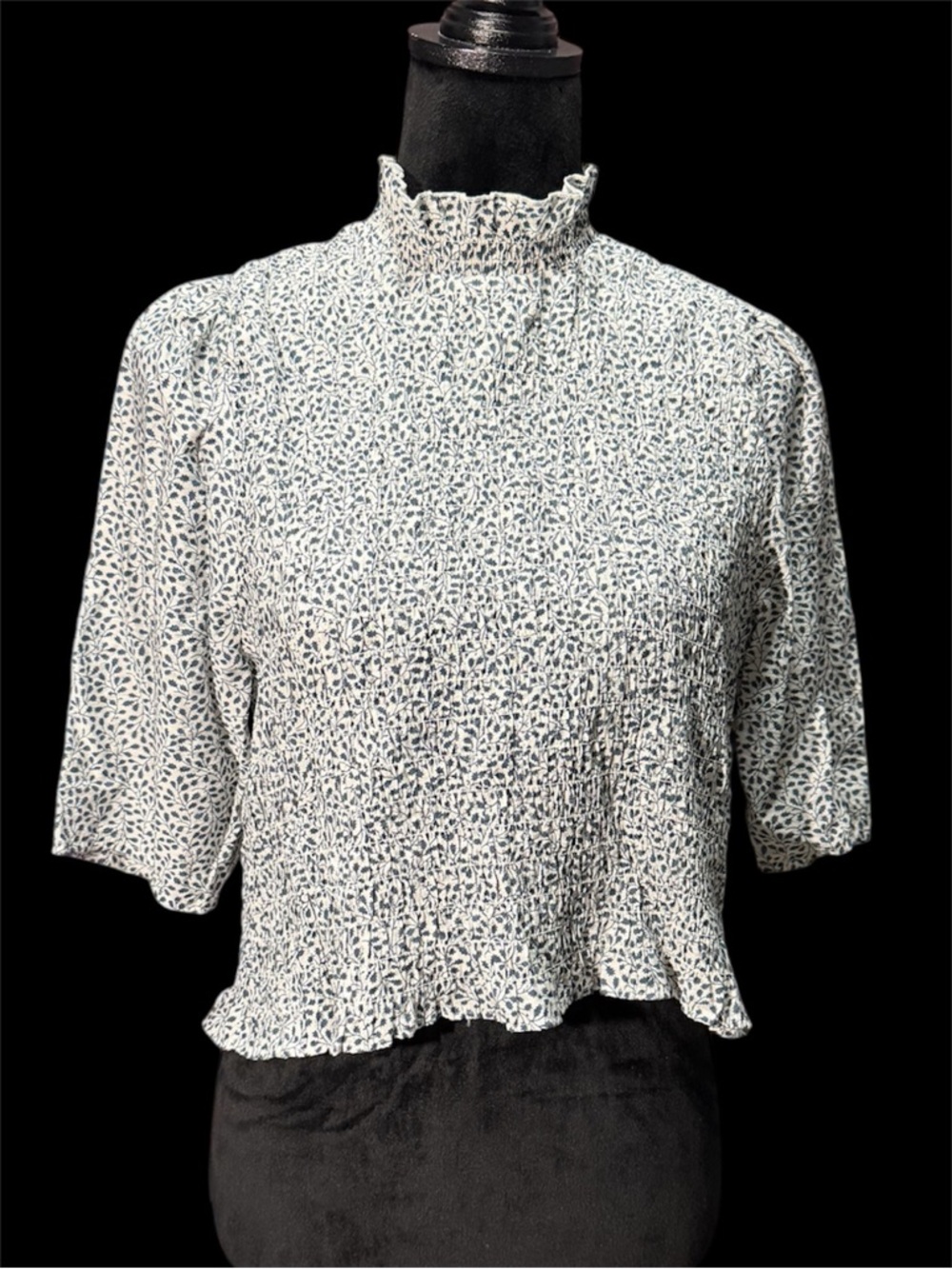 H&M White Smocked High-Neck Blouse with Navy Leaf Print